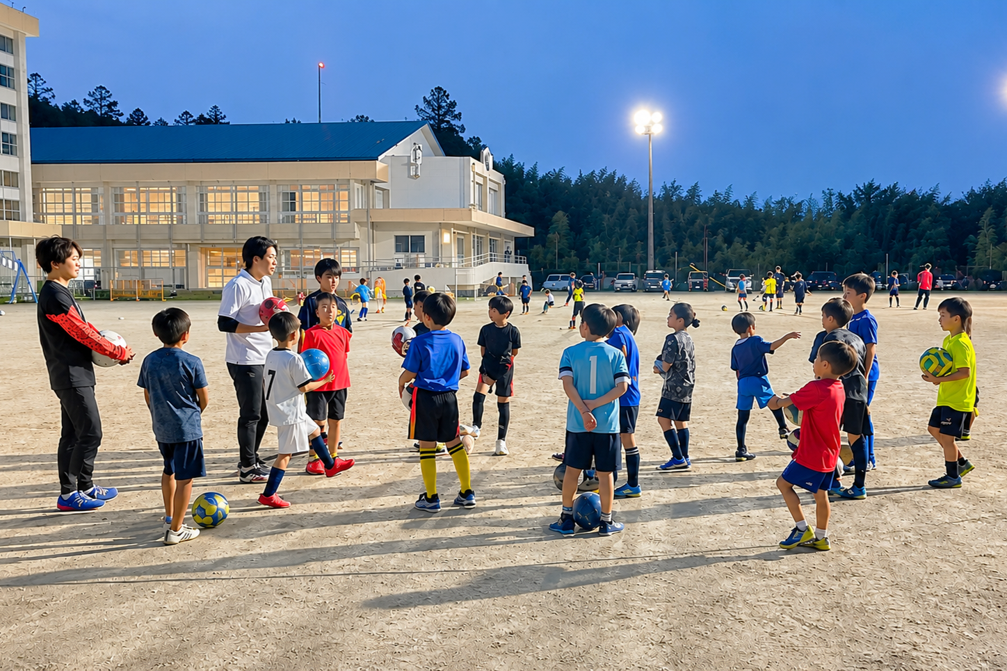 サッカースクールでコーチと一緒に練習に取り組む子どもたち